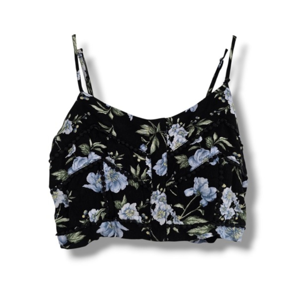 American Eagle Outfitters Floral Cropped Camisole Top Black Blue XS Smocked Back